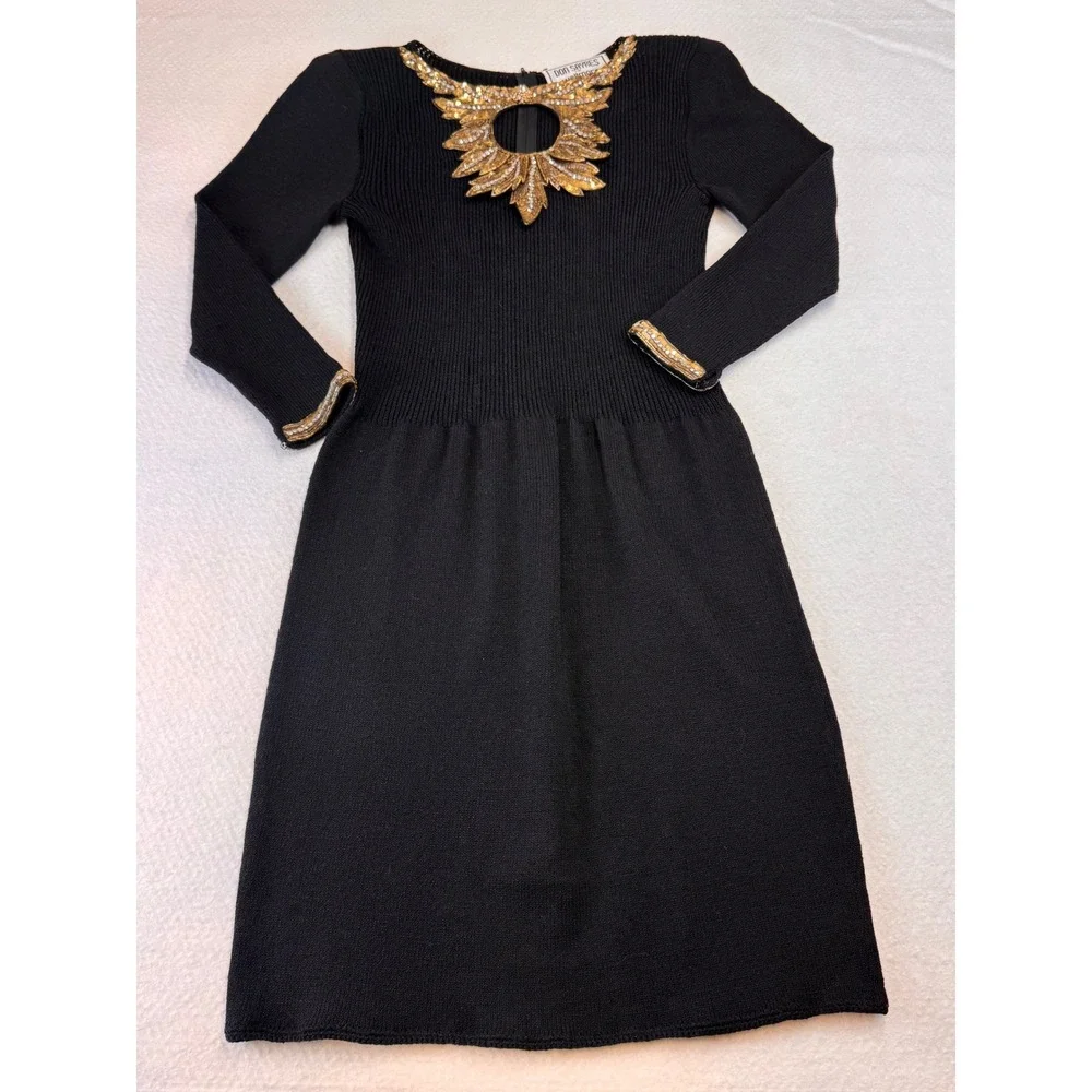 VTG‎ 80 DON SAYRES Black Knit Beaded Statement Neckline Long Sleeve Midi Dress 6
